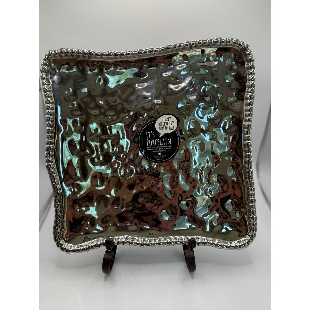 Pampa Bay Titanium Plated Porcelain Square Platter Beaded Rim NWT  11x11"